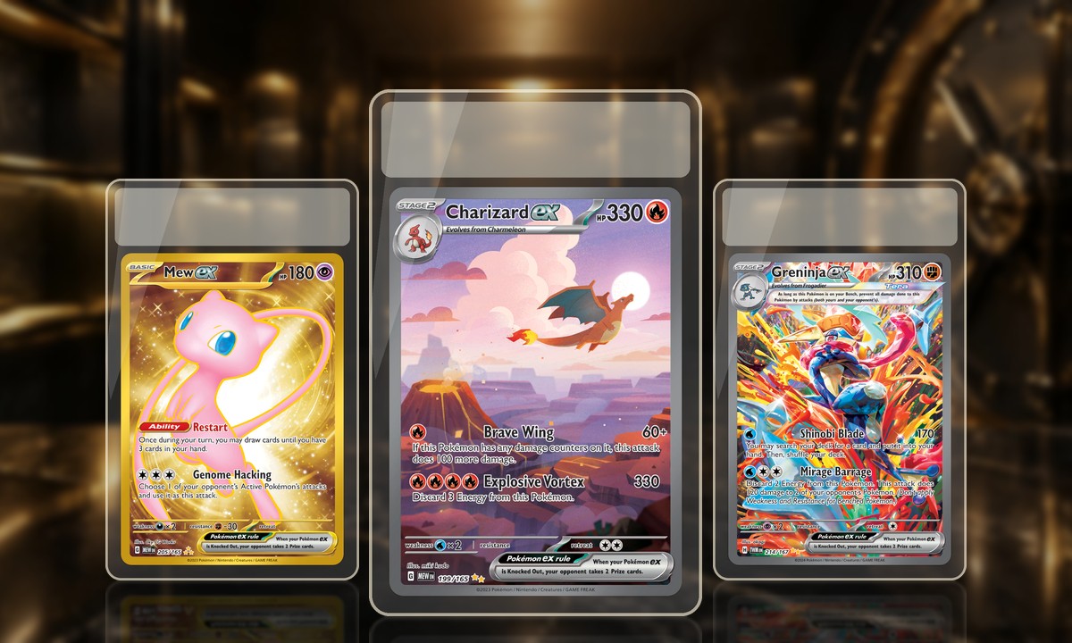 Mew ex, Charizard ex and Greninja ex cards in clear slab cases