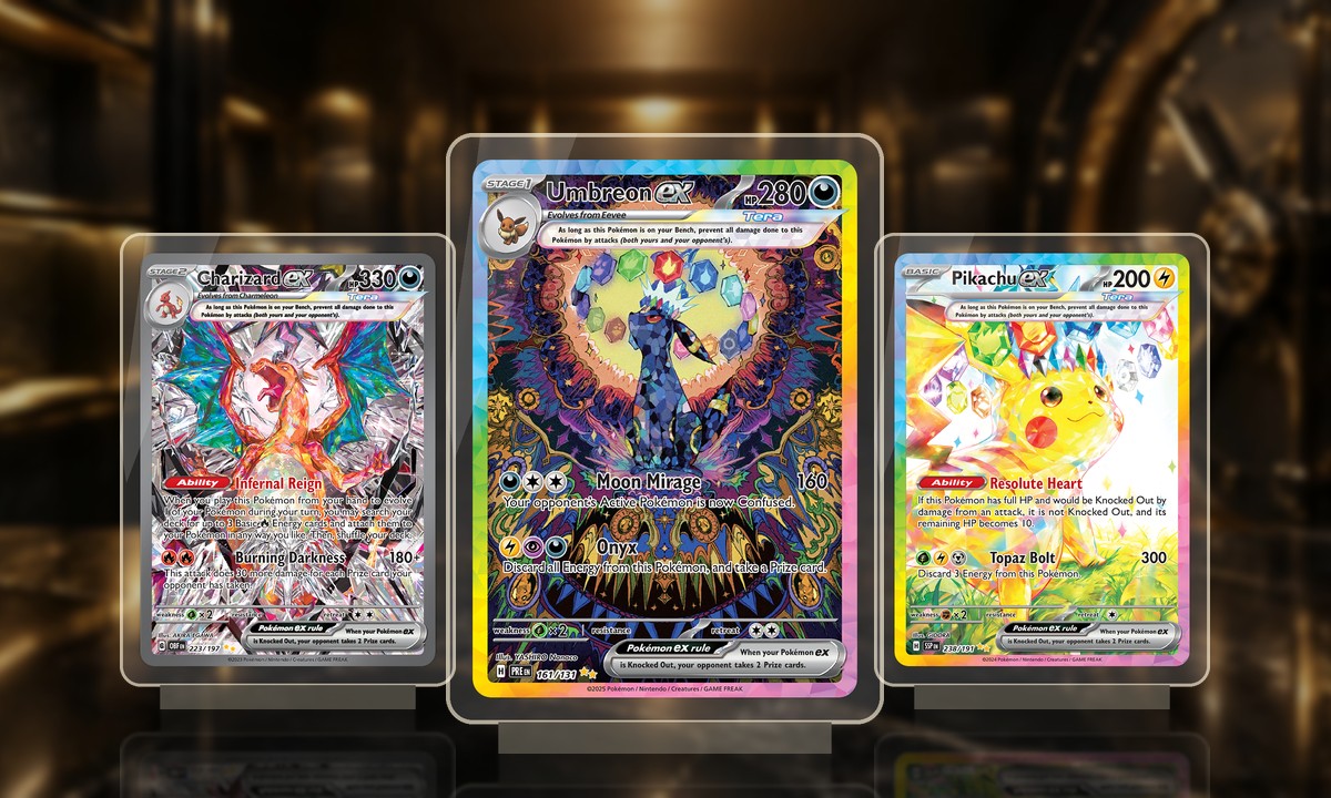 Charizard ex, Umbreon ex and Pikachu ex cards in acrylic stands