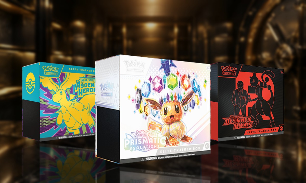 Ascended Heroes, Prismatic Evolutions and Destined Rivals Elite Trainer Boxes on a vault display